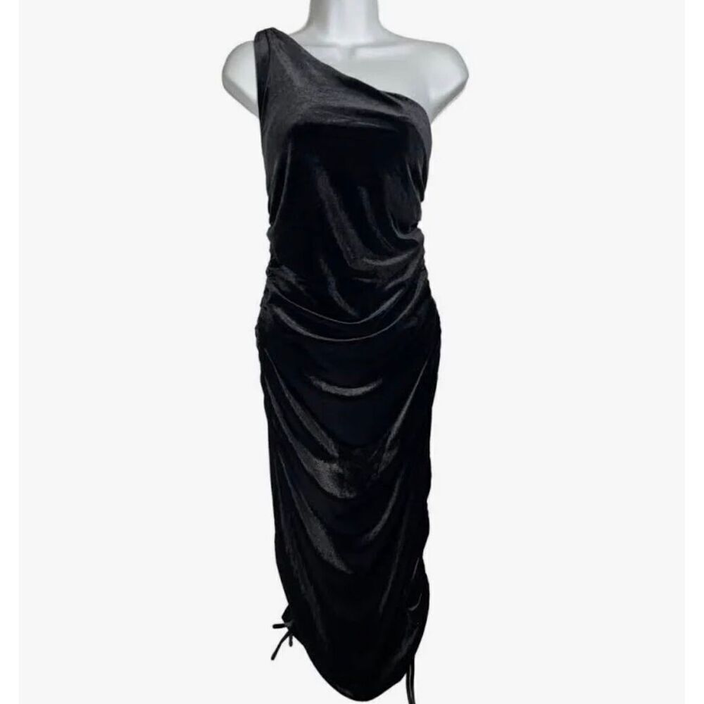 NWOT House of Harlow 1960 Black Velvet Ruched One Shoulder Romantic Midi Dress L